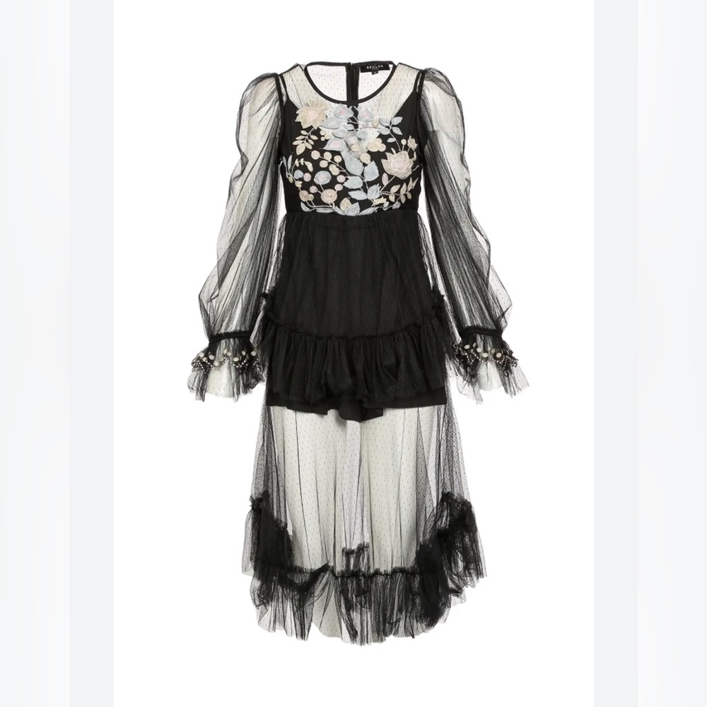 Beulah styles black mesh embroidered midi dress. Size small.